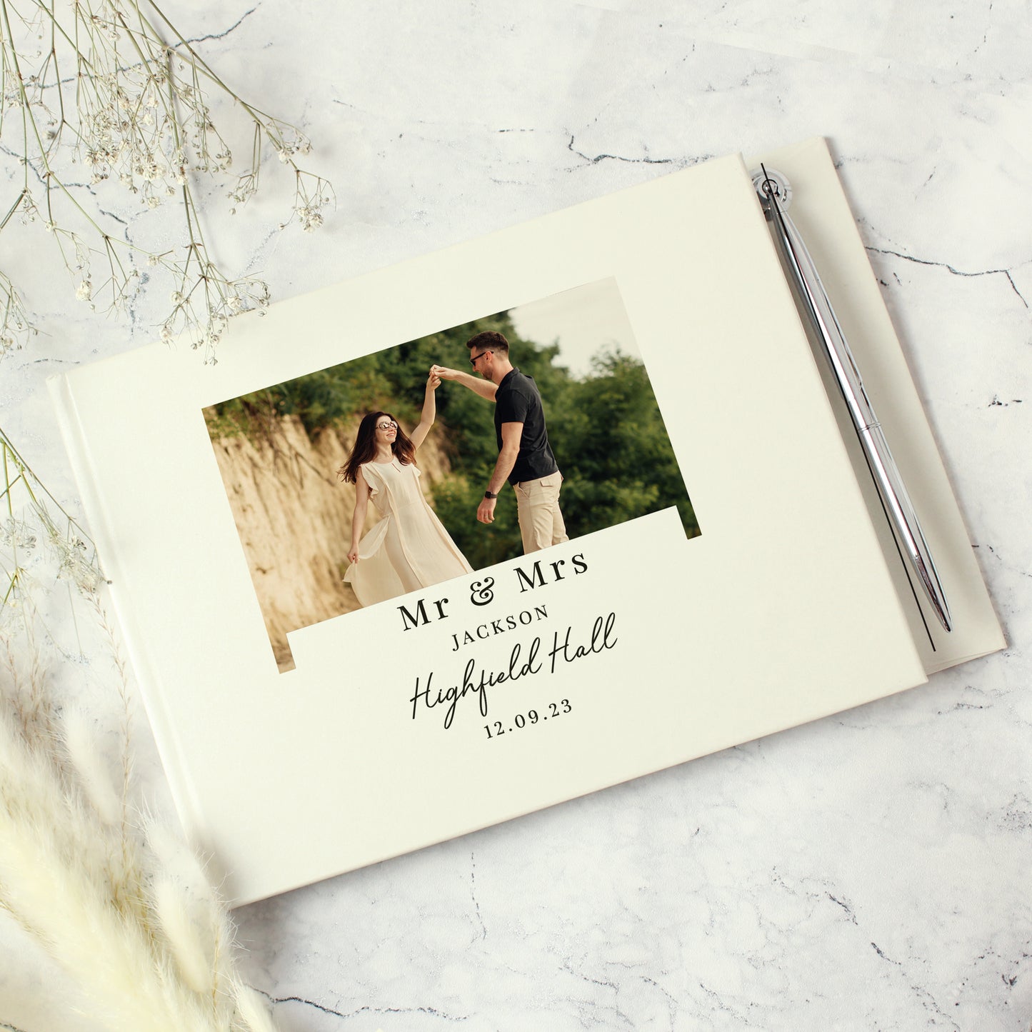 Personalised Photo Upload Wedding Guest Book & Pen - Hardback