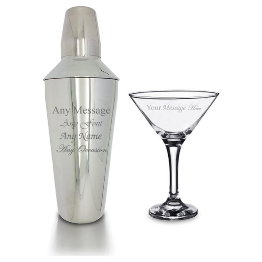 Engraved Cocktail Shaker with Strainer and Martini Glass Set
