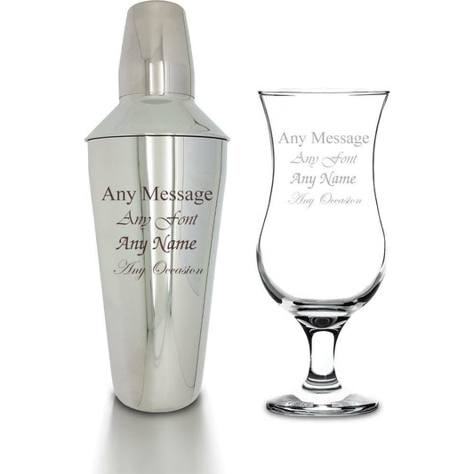 Engraved Cocktail Shaker with Strainer and Pina Colada Glass Set
