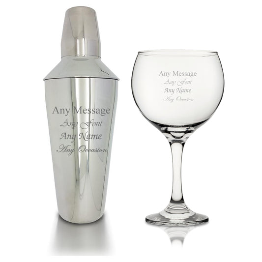 Engraved Cocktail Shaker with Strainer and Gin Balloon Glass Set