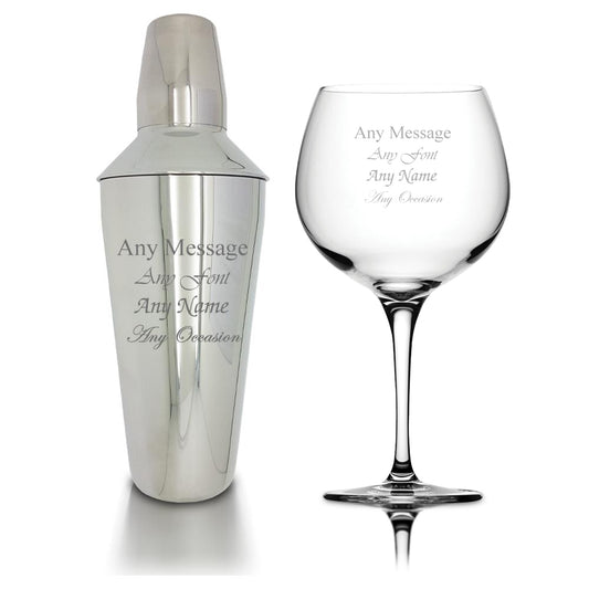 Engraved Cocktail Shaker with Strainer and Juniper Gin Balloon Glass Set