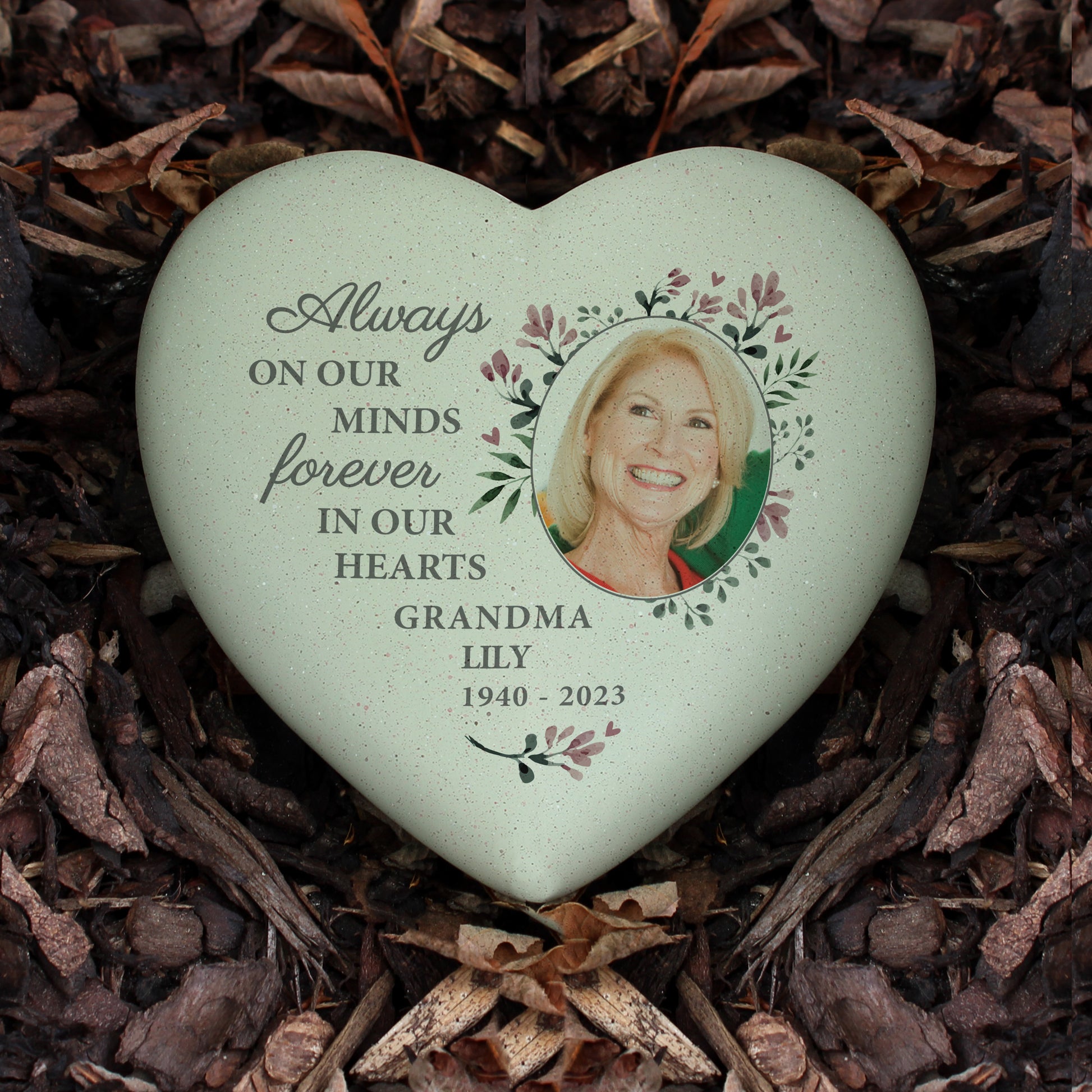 Personalised Floral Photo Upload Memorial Resin Heart Stone