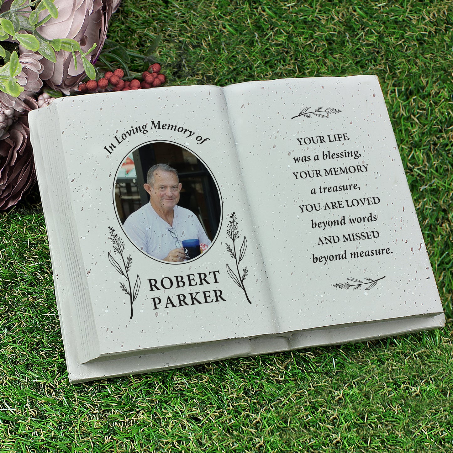 Personalised Botanical Memorial Photo Upload Resin Gravestone Book