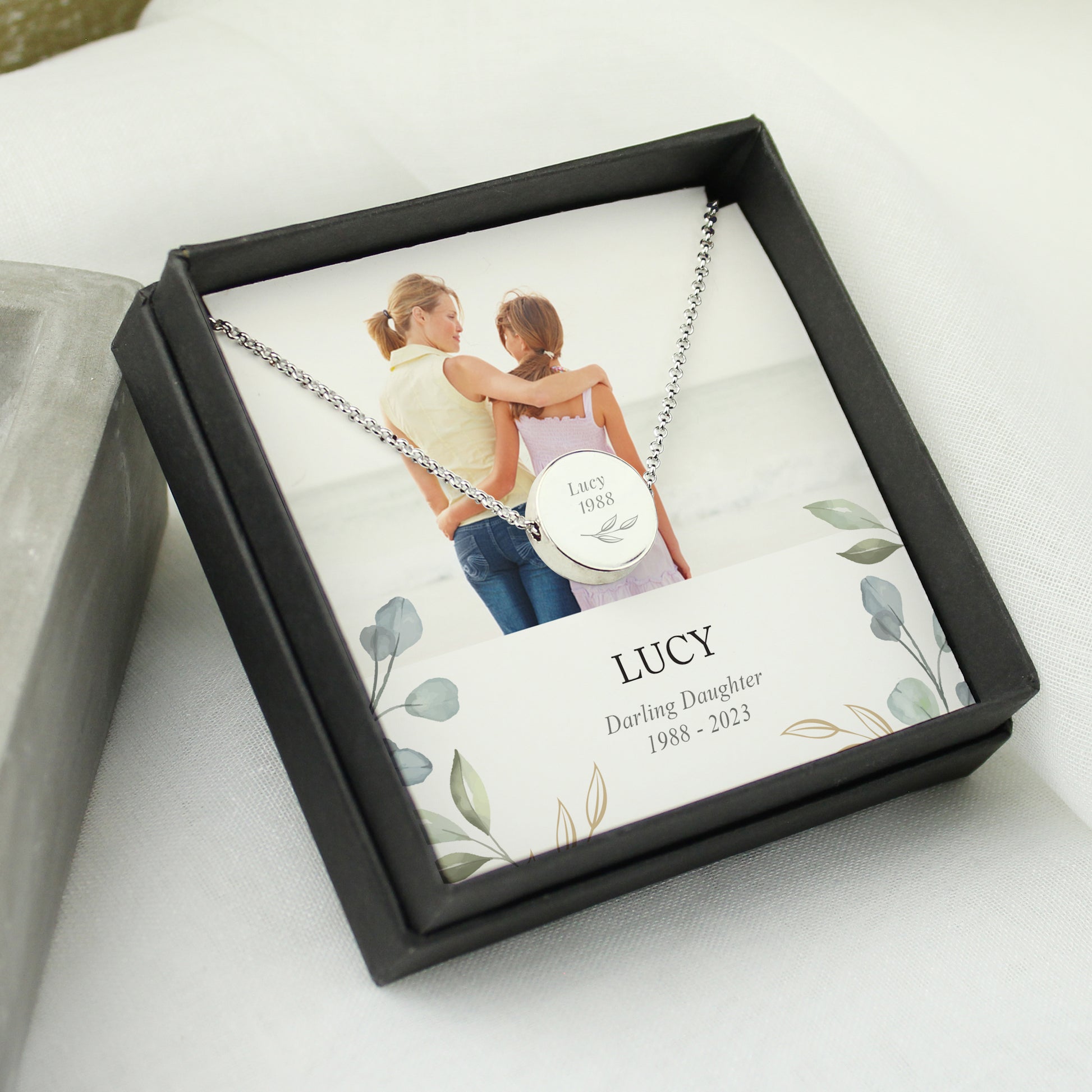 Personalised Botanical Memorial Photo Upload Necklace and Gift Box