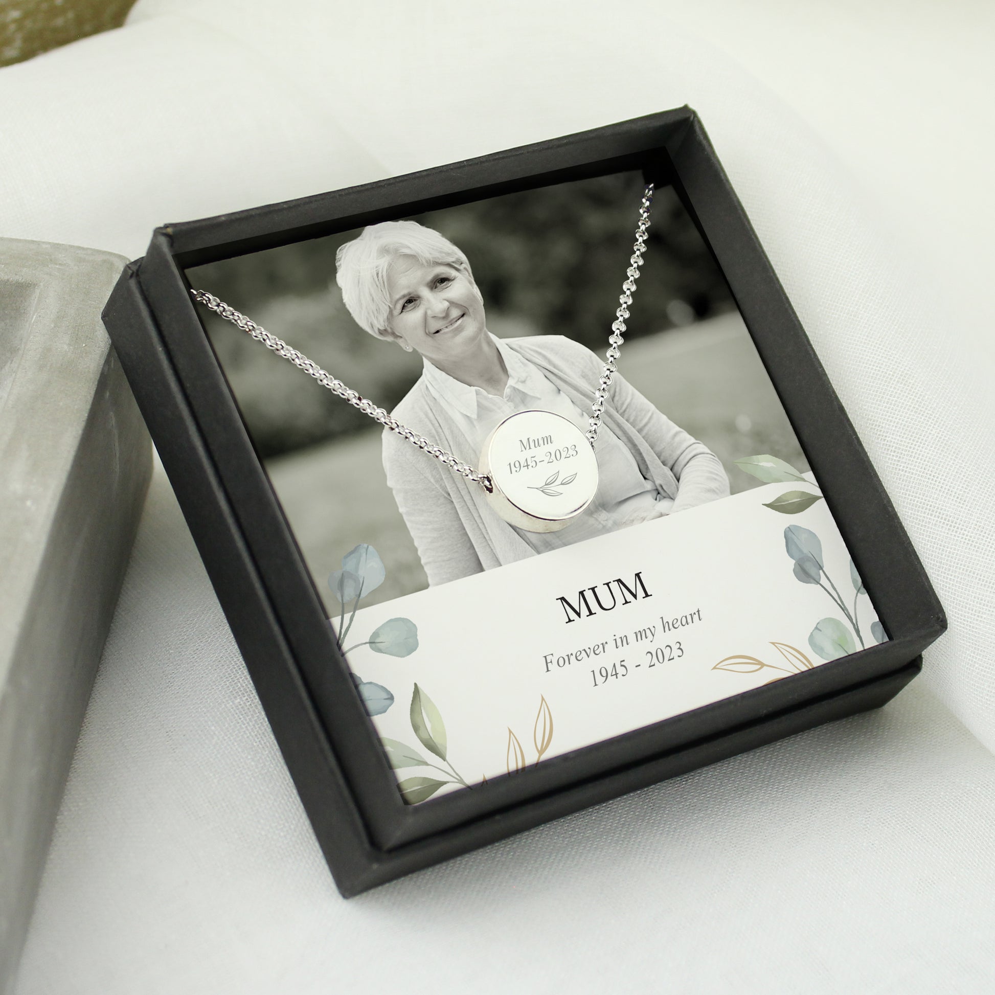 Personalised Botanical Memorial Photo Upload Necklace and Gift Box