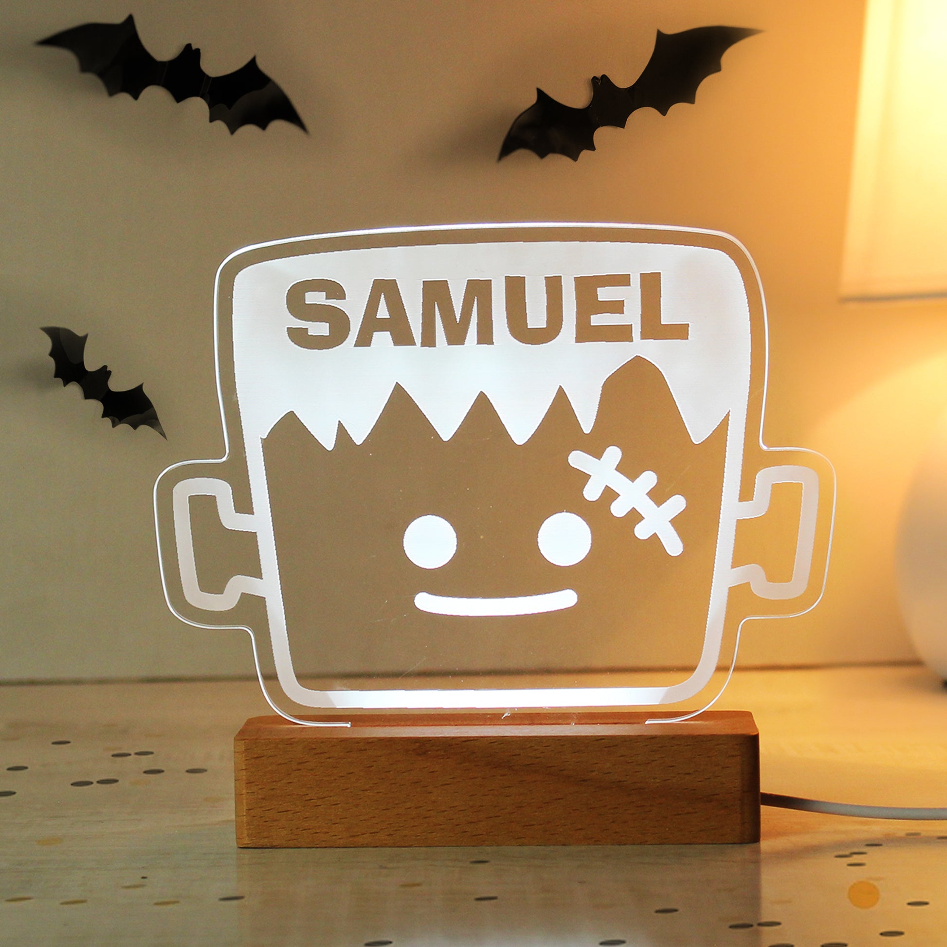 Personalised Frankenstein Wooden Based LED Halloween Light