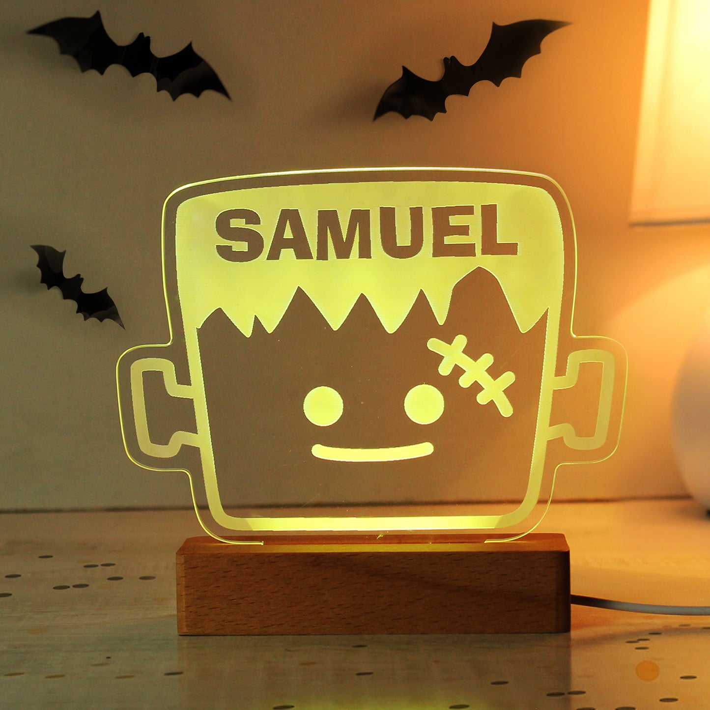Personalised Frankenstein Wooden Based LED Halloween Light