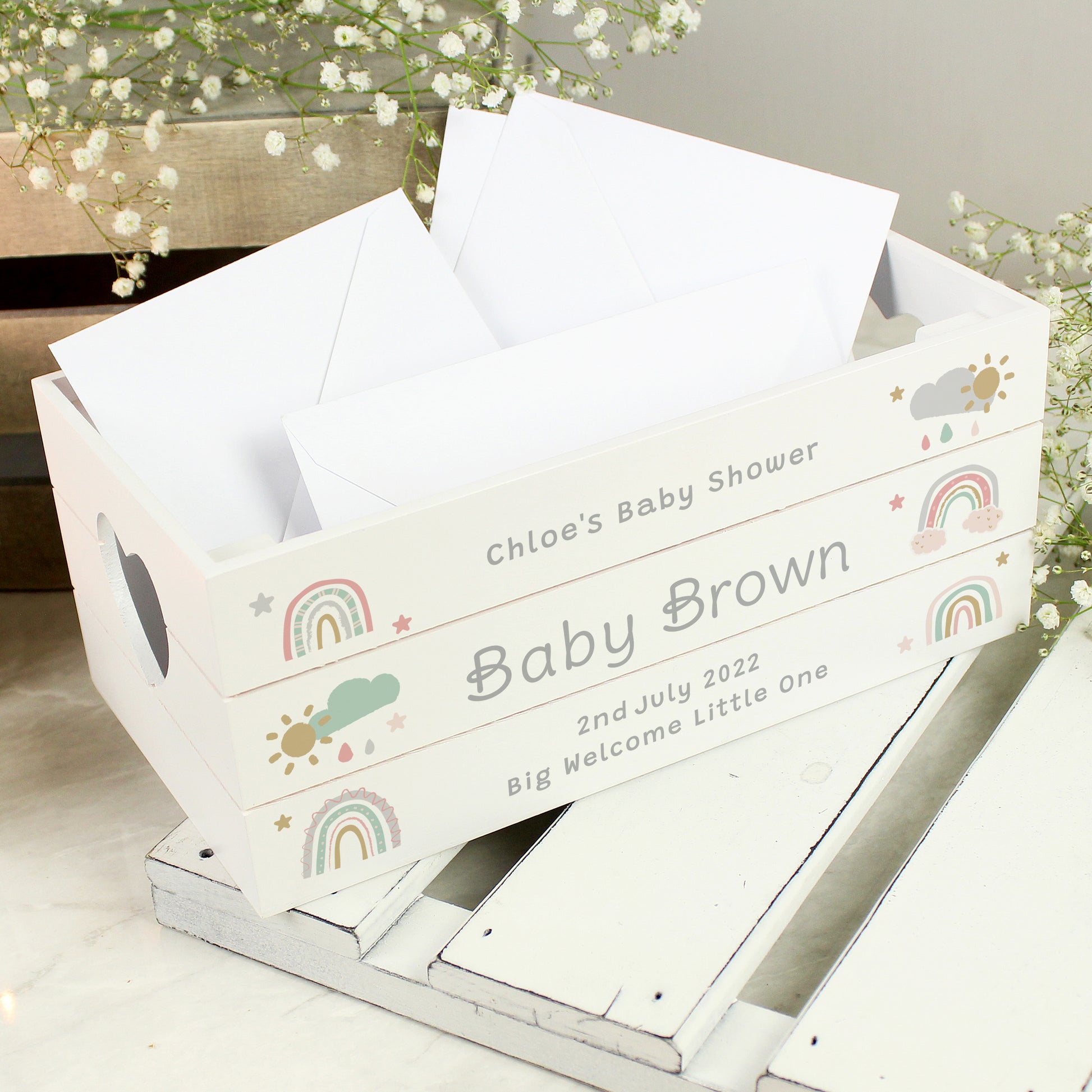 Personalised Rainbow Baby White Wooden Crate Keepsake