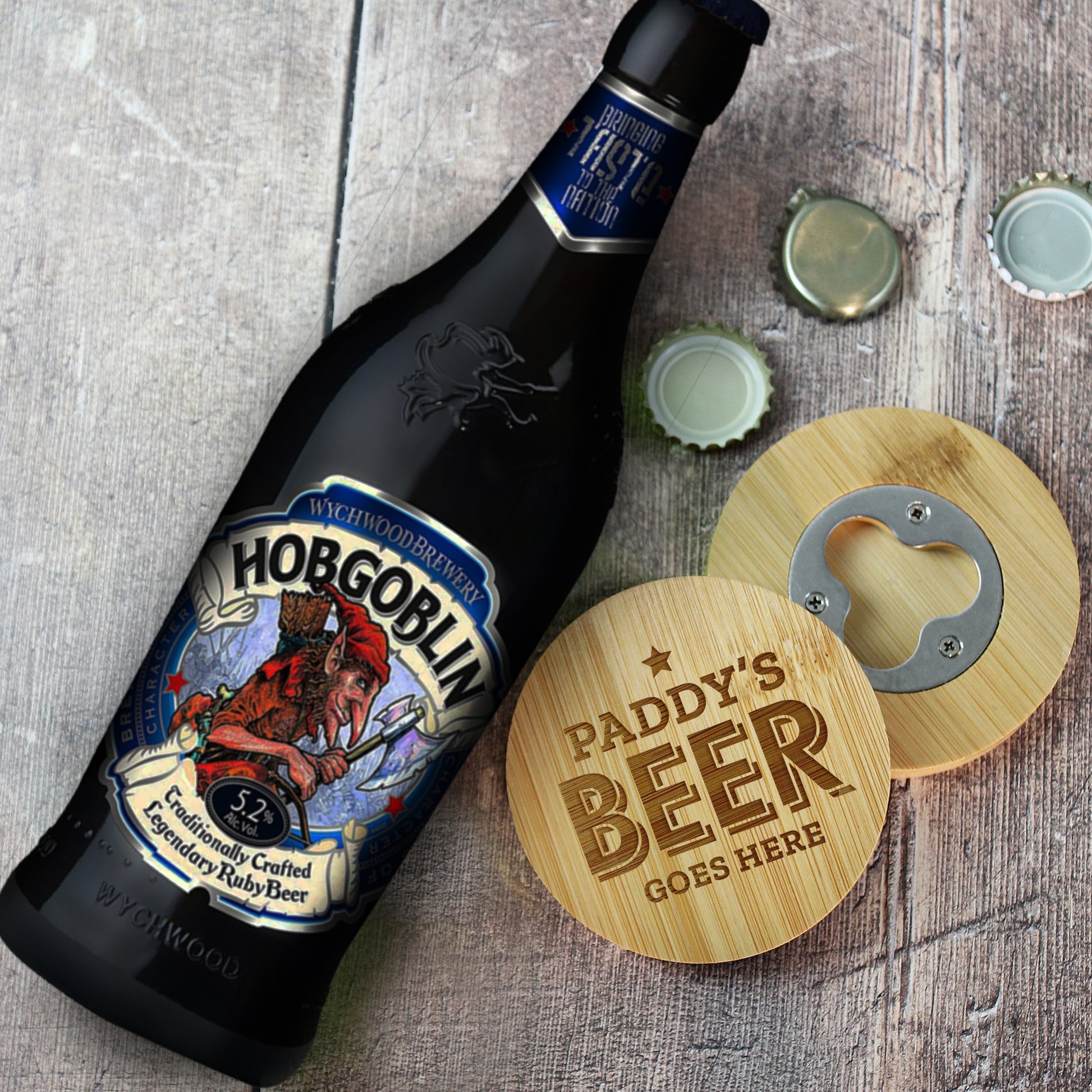 Personalised Beer Goes Here Bamboo Bottle Opener Coaster and Beer Gift Set
