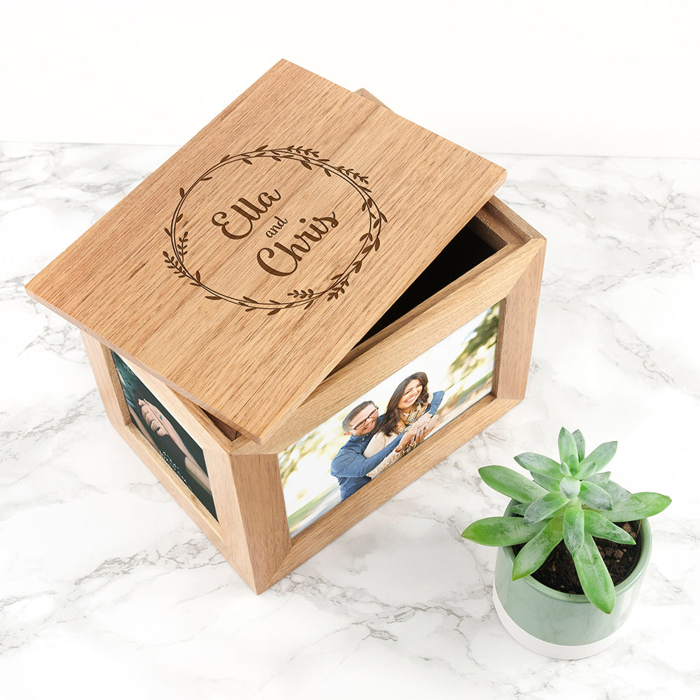 Personalised Couples' Wreath Midi Oak Photo Keepsake Box
