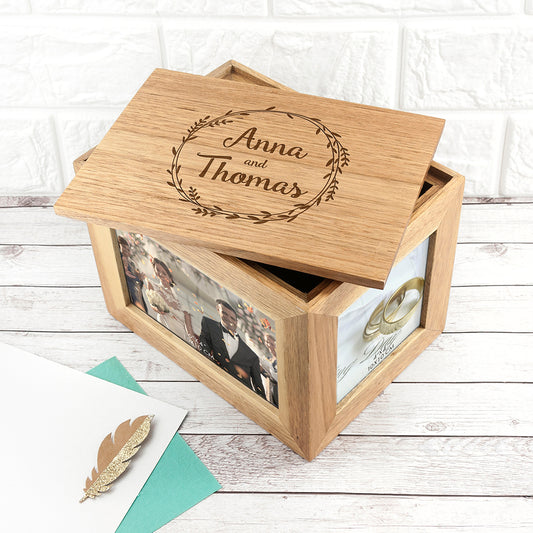 Personalised Couples' Wreath Midi Oak Photo Keepsake Box
