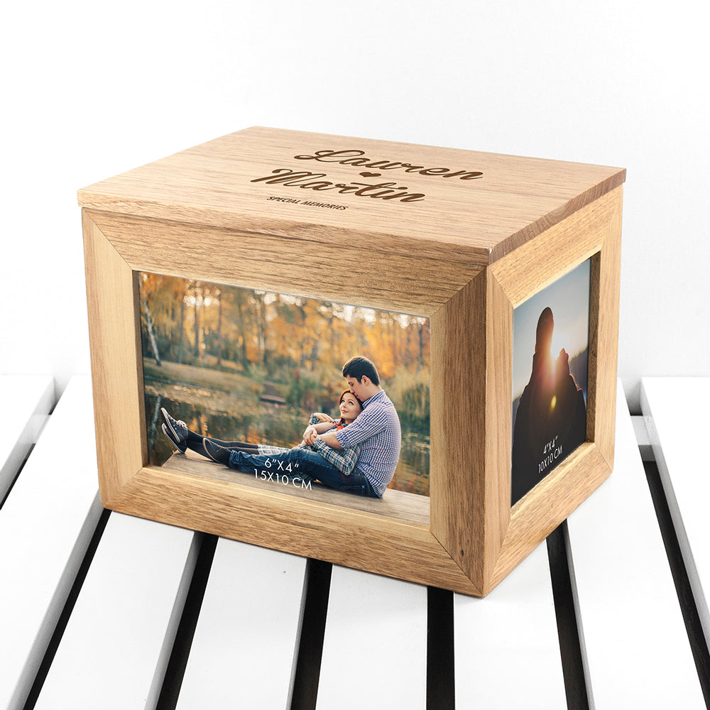 Personalised Name and Heart Couples Midi Oak Photo Cube Keepsake Box