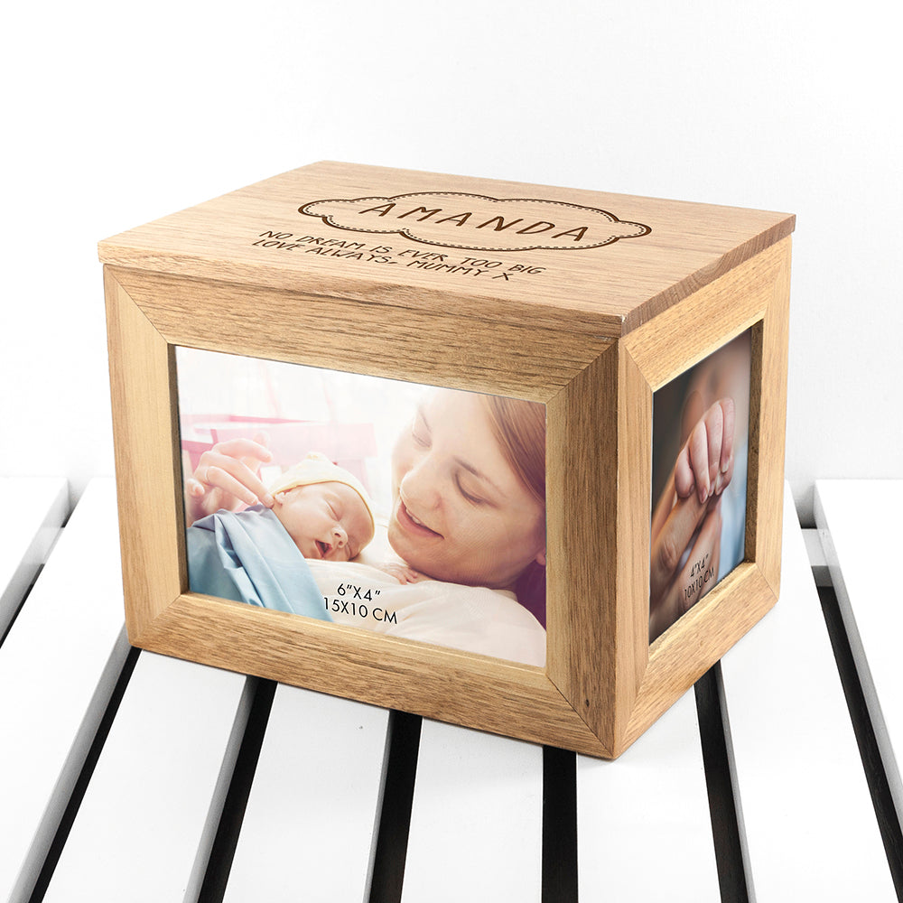 Personalised New Baby Midi Oak Photo Cube Keepsake Box - Cloud