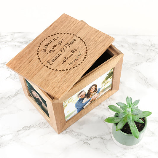 Personalised Heart Framed Memories Midi Oak Photo Cube Keepsake Box