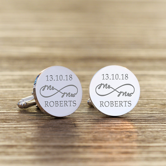 Personalised Engraved Mr & Mrs Infinity Round Cufflinks
