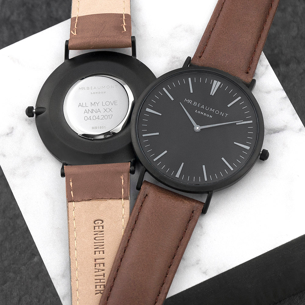 Personalised Mr Beaumont Men's Watch With Black Face in Brown