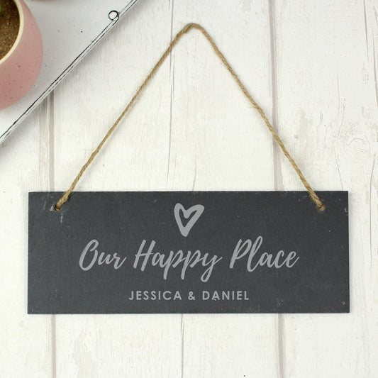 Personalised Our Happy Place Hanging Slate Plaque Sign