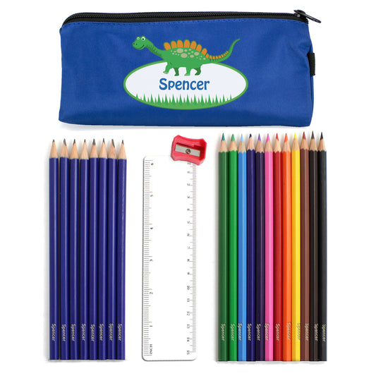 Personalised Blue Dinosaur Pencil Case with Pencils & Crayons