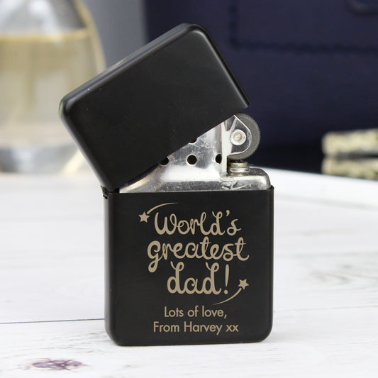 Personalised 'World's Greatest Dad' Black Lighter - PCS Cufflinks & Gifts