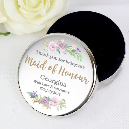 Personalised Maid of Honour Floral Watercolour Round Trinket Box