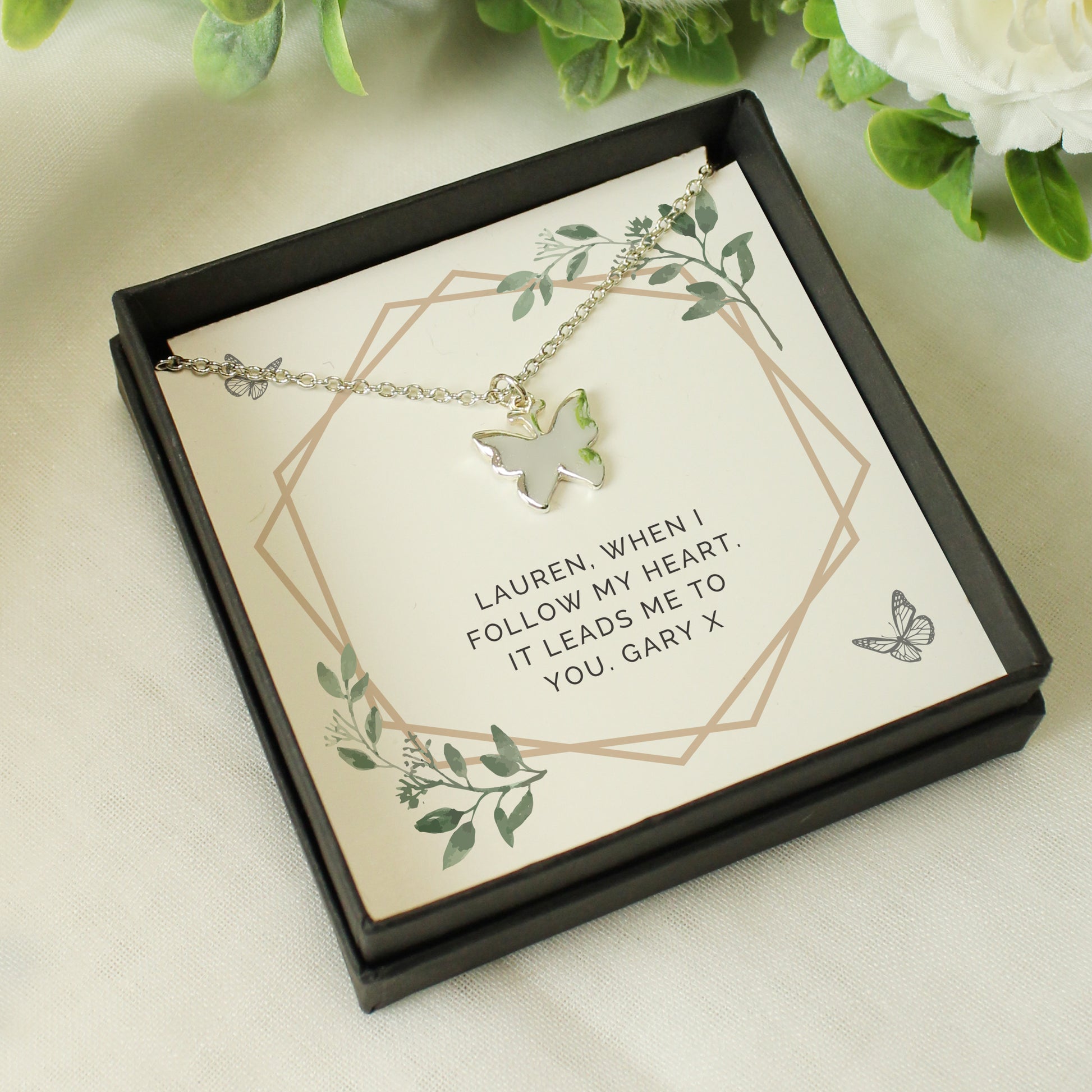 Personalised Botanical Sentiment Butterfly Necklace and Gift Box
