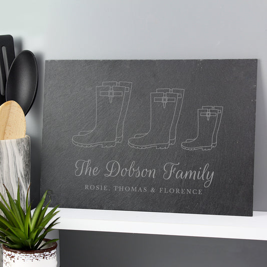 Personalised Welly Boot Family of Three Slate Placemat