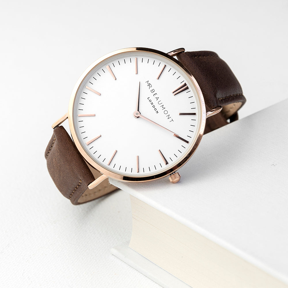 Personalised Mr Beaumont Vintage Men's Leather Watch in Brown