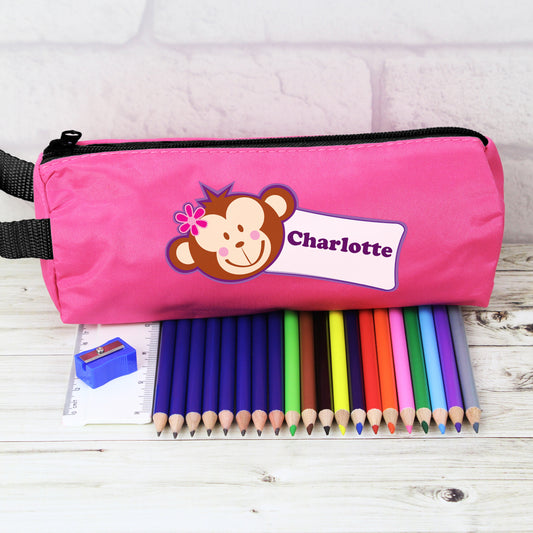Personalised Pink Monkey Pencil Case with Pencils & Crayons