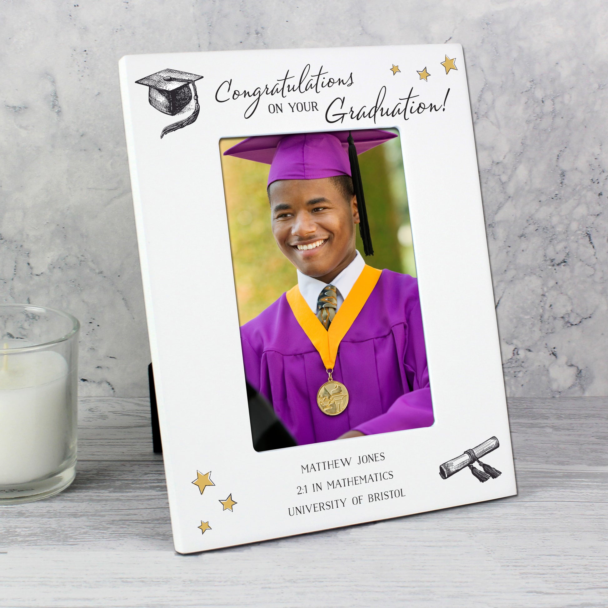 Personalised Gold Star Graduation 4x6 White Wooden Photo Frame | Gift