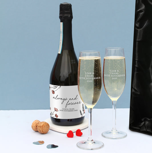 Personalised Always & Forever Prosecco & Glasses Set in Silk Lined Box