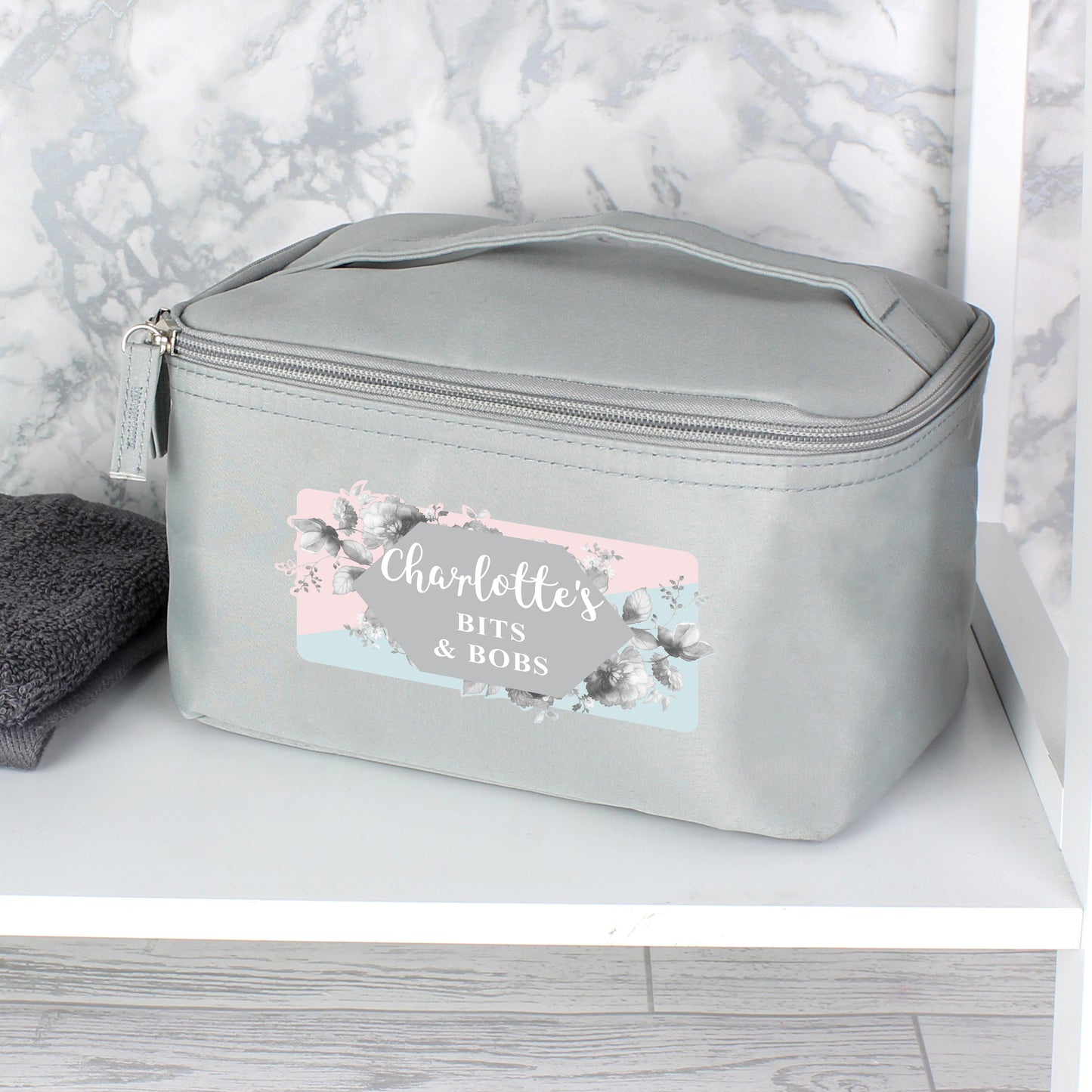 Personalised Floral Grey Make Up Wash Bag