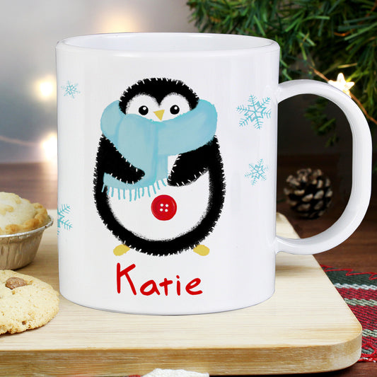 Personalised Felt Stitch Penguin Plastic Christmas Mug