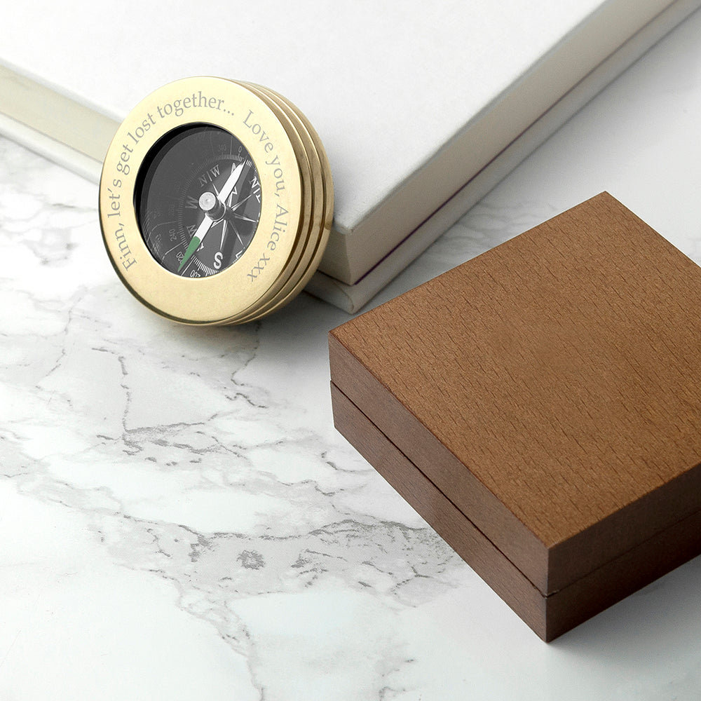 Personalised Brass Traveller's Compass with Wooden Box