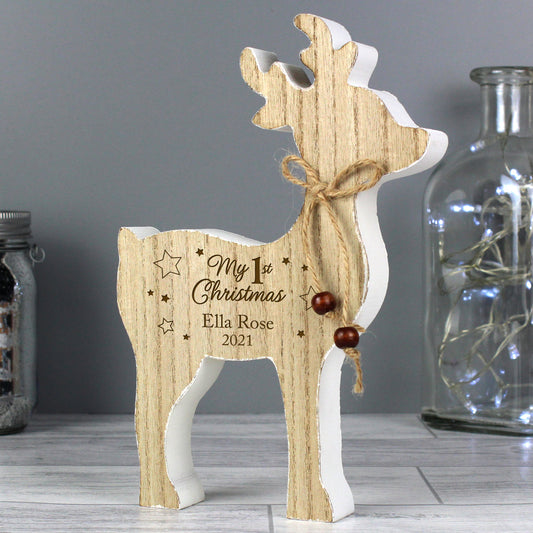 Personalised Baby’s 1st Christmas Rustic Wooden Reindeer Decoration