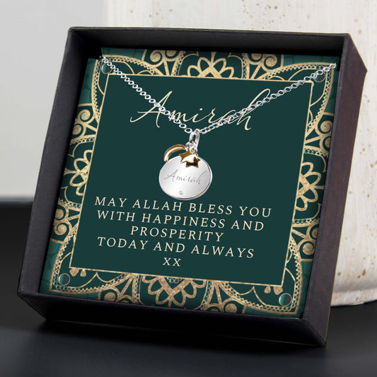 Personalised Sentiment Eid Moon & Star Sterling Silver Necklace & Box
