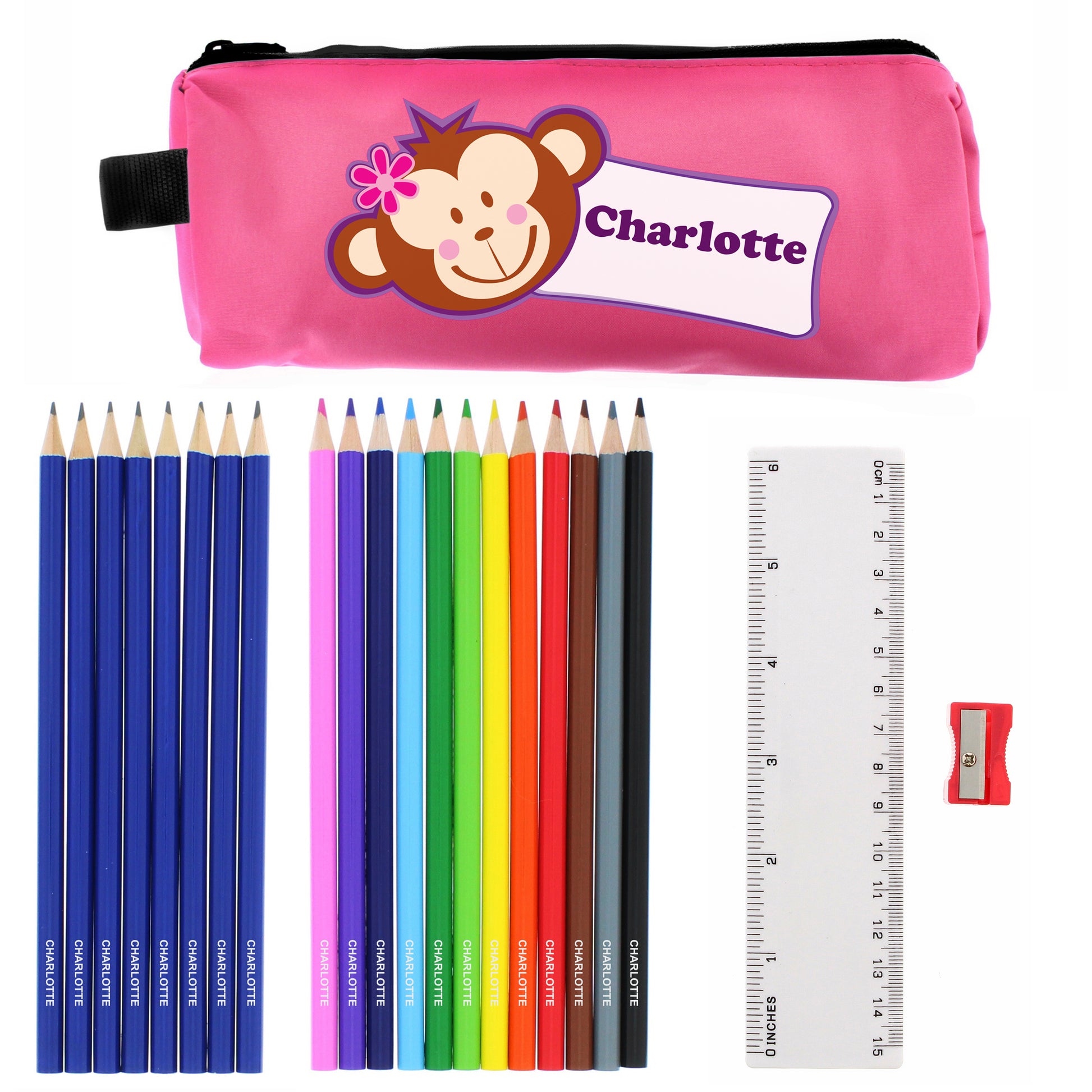 Personalised Pink Monkey Pencil Case with Pencils & Crayons