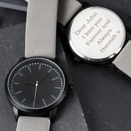 Personalised Mens Matte Black Watch with Grey Strap and Presentation Box - PCS Cufflinks & Gifts