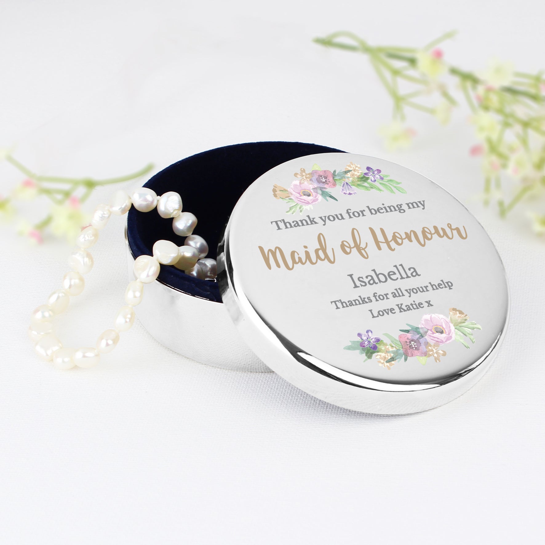 Personalised Maid of Honour Floral Watercolour Round Trinket Box