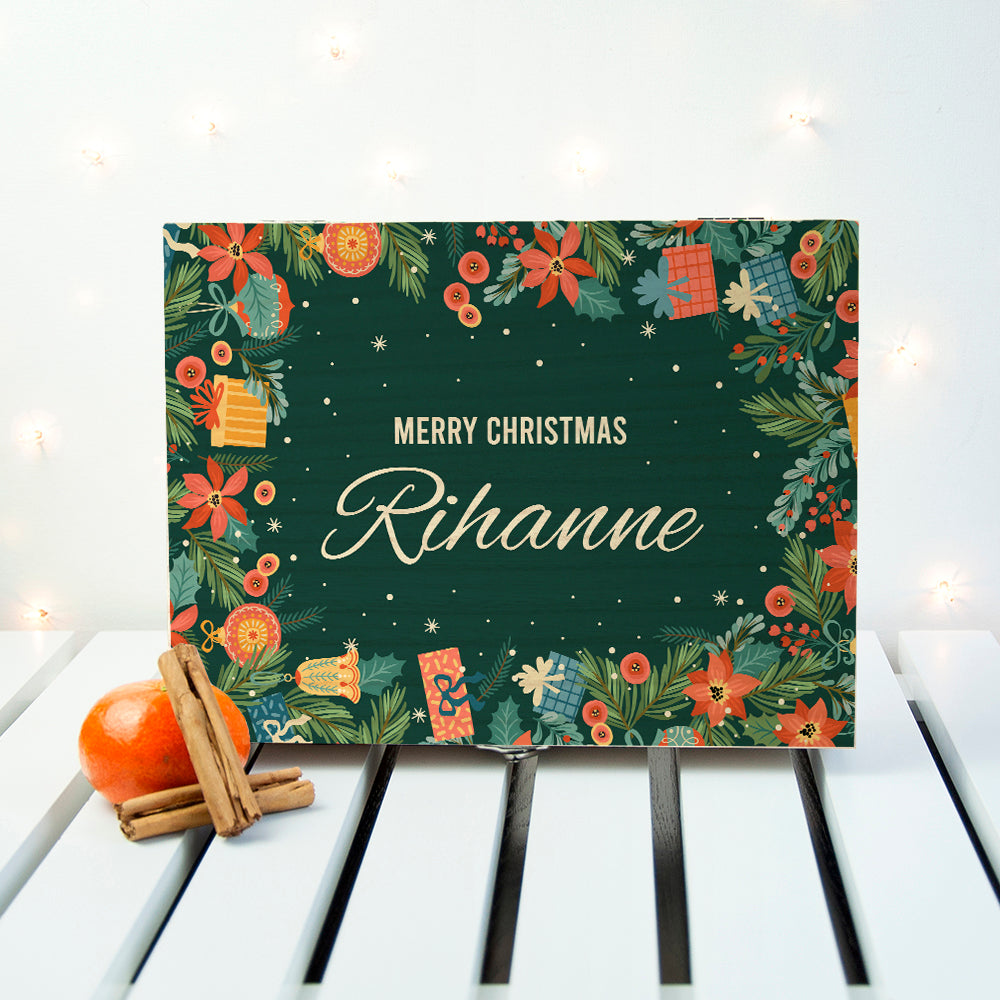 Personalised Floral Christmas Wooden Tea Box