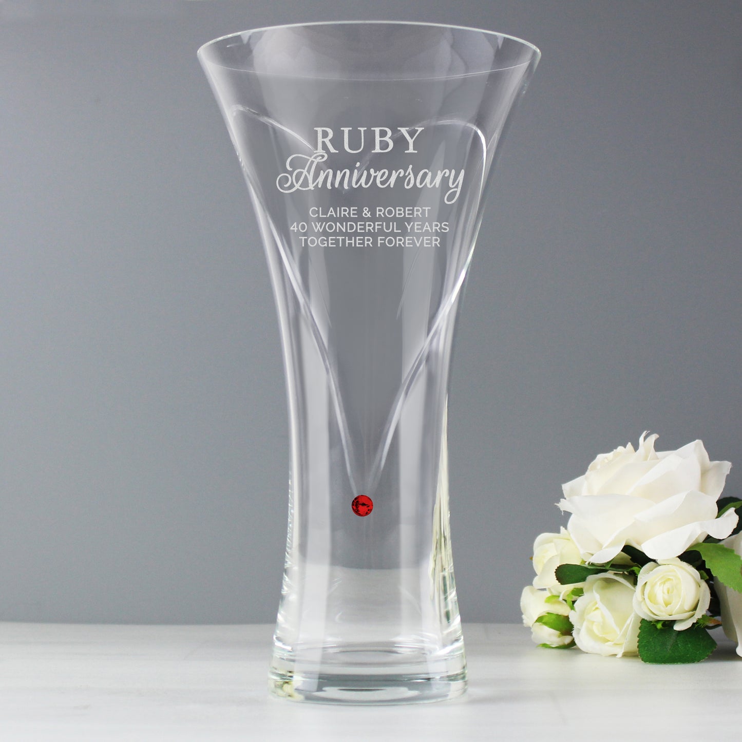 Personalised Ruby 40th Anniversary Large Swarovski Heart Glass Vase
