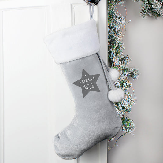 Personalised Born In Luxury Silver Grey Christmas Stocking