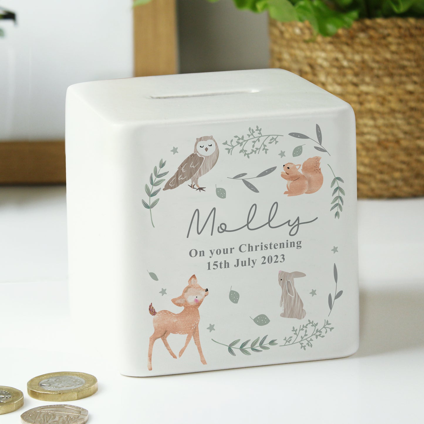 Personalised Baby Money Box - Woodland Animals
