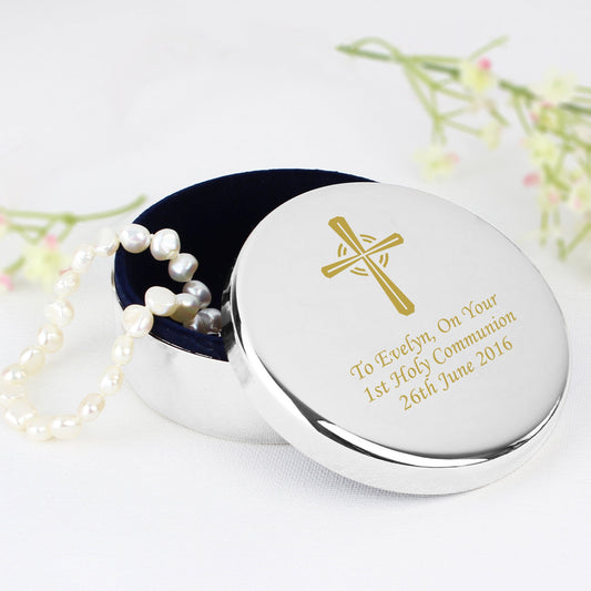 Personalised Gold Cross Round Trinket Box - Ideal For Rosary Beads