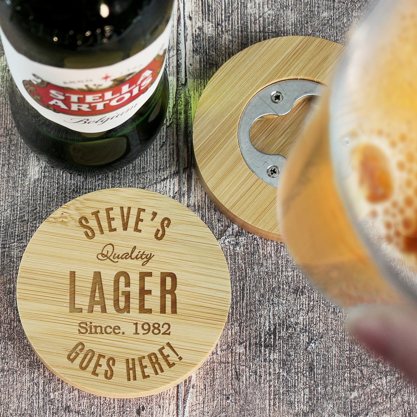 Personalised Bamboo Bottle Opener Coaster and Beer Set - Free Delivery