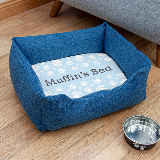 Personalised Blue Comfort Dog Bed with Blue Paw Print Design - PCS Gifts