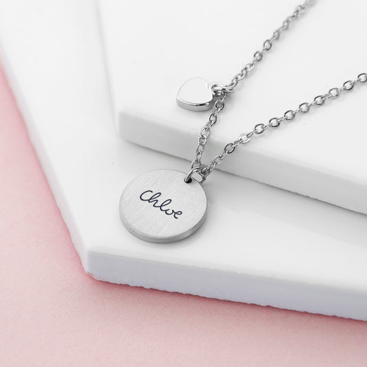 Personalised Island Inspired Name Heart and Disc Necklace - Silver