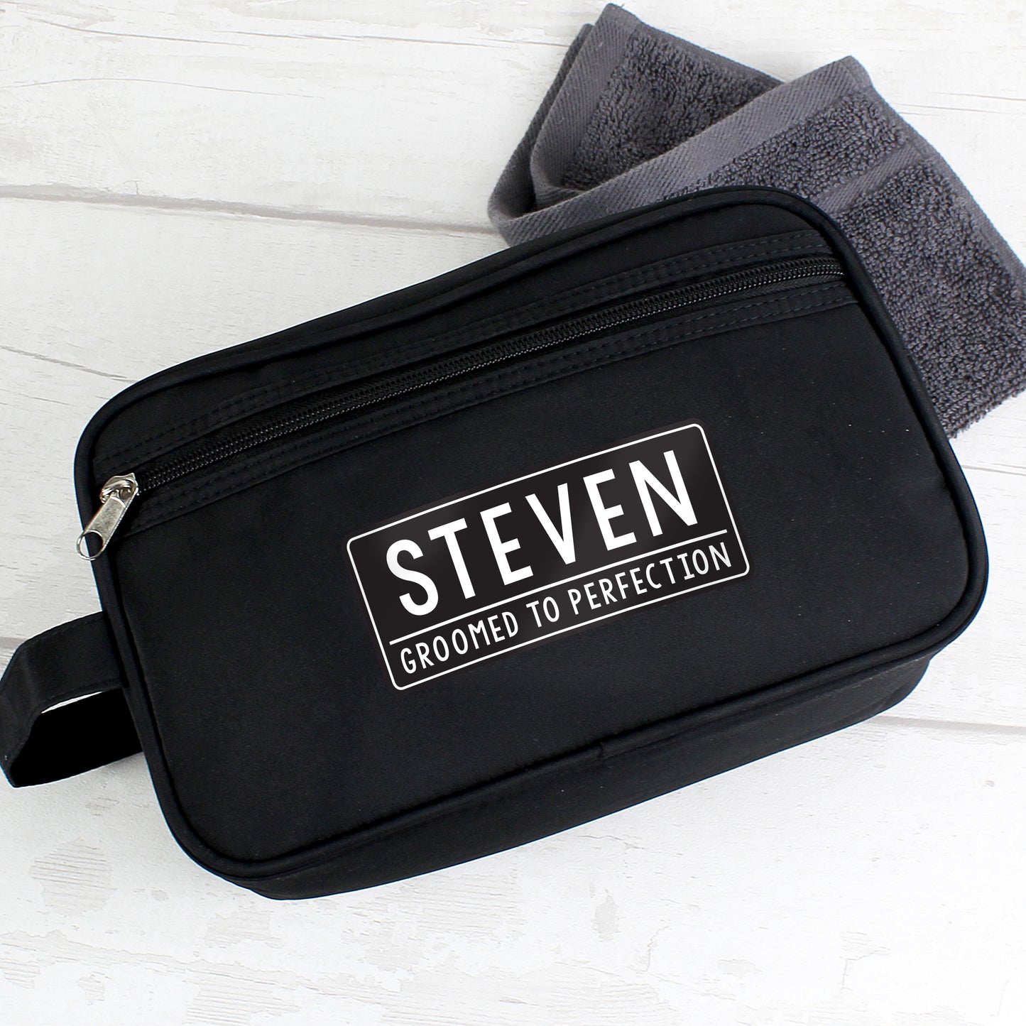 Personalised Free Text Black Men’s Wash Bag | Gifts For Him