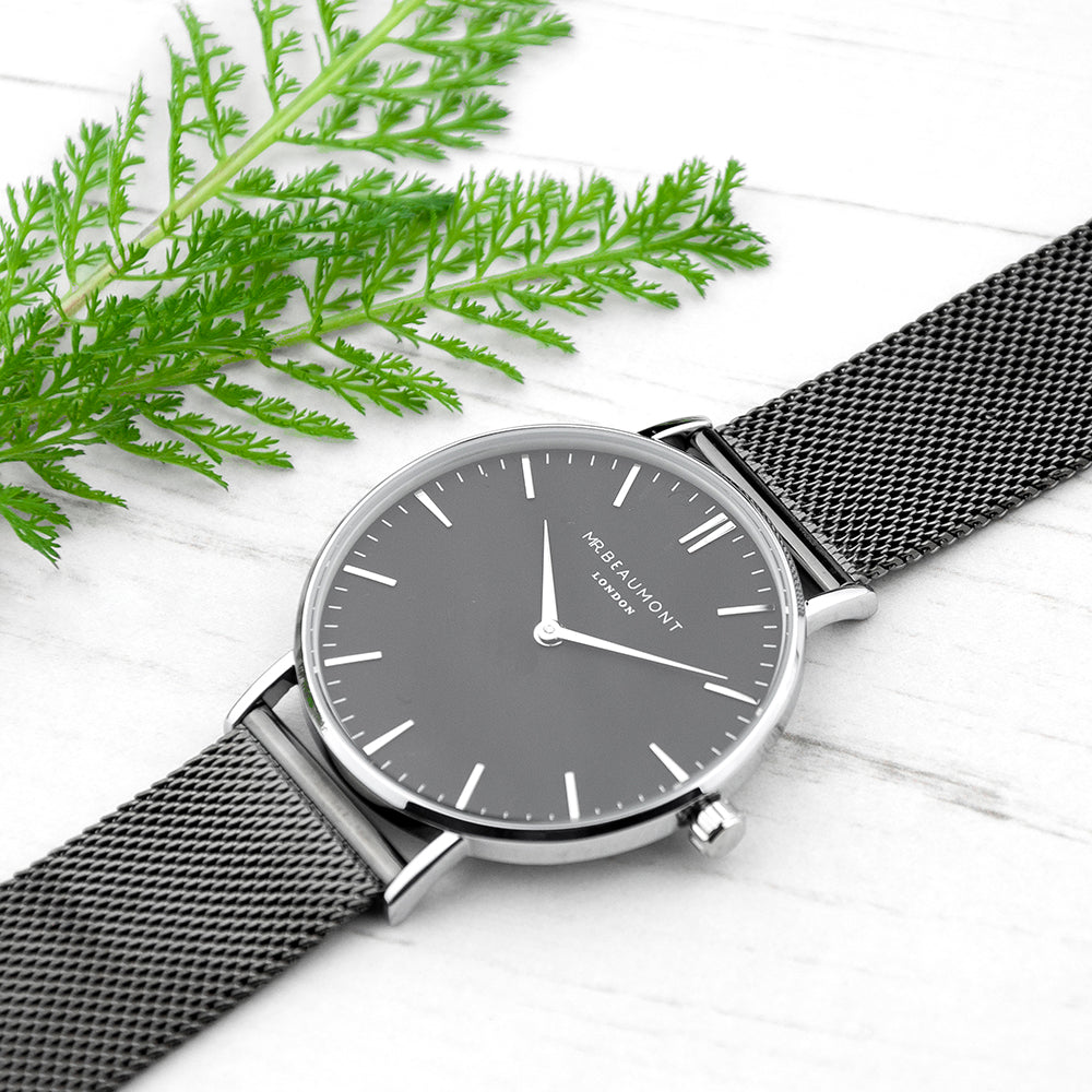 Personalised Mr Beaumont Men's Metallic Charcoal Grey Watch With Black Face