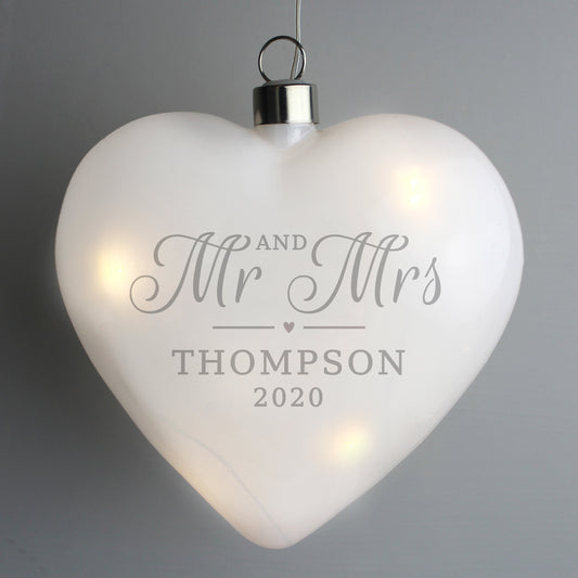 Personalised Mr & Mrs LED Hanging Glass Heart | Wedding Gift Idea