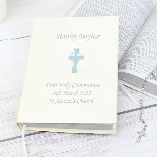 Personalised Blue Cross Holy Bible - Eco-friendly | Free Delivery